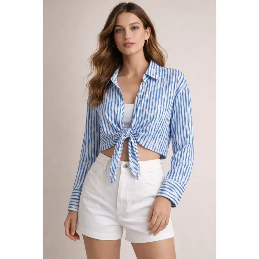 Zara Blue White Stripe Linen Tie Front Crop Top Women’s L NWT